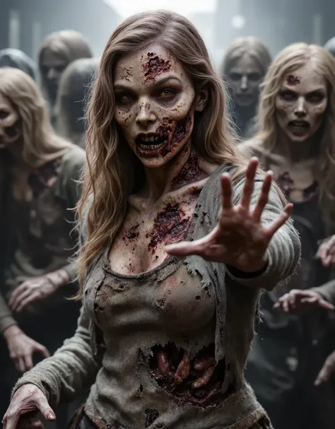 Zombie girl surrounded by other male zombies, rotting flesh, open wounds, undead, horror, open mouth with rotting teeth and blood, severed nose, exposed bone, blood and gore, bloody wounds, torn flesh, one arm reaching out to the viewer,