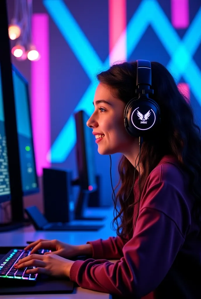  A young Pakistani girl, sitting in a gaming studio, is talking during a live streaming. His face is shown with a lively and animated expression. It has a modern gaming setup on the front, including a large screen, keyboard, mouse, and a gaming PC adorned ...