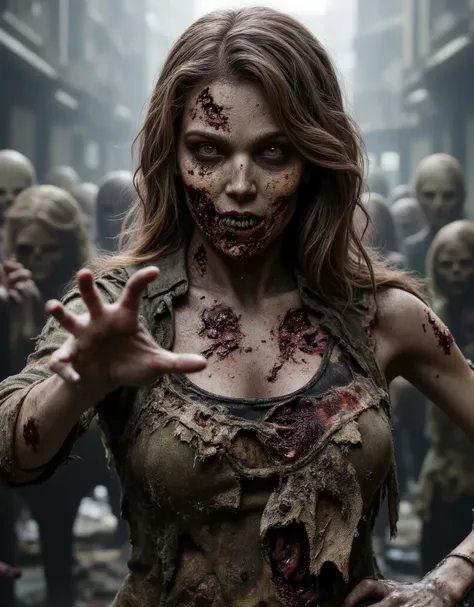 Zombie girl surrounded by other male zombies, rotting flesh, open wounds, undead, horror, open mouth with rotting teeth and blood, severed nose, exposed bone, blood and gore, bloody wounds, torn flesh, one arm reaching out to the viewer,