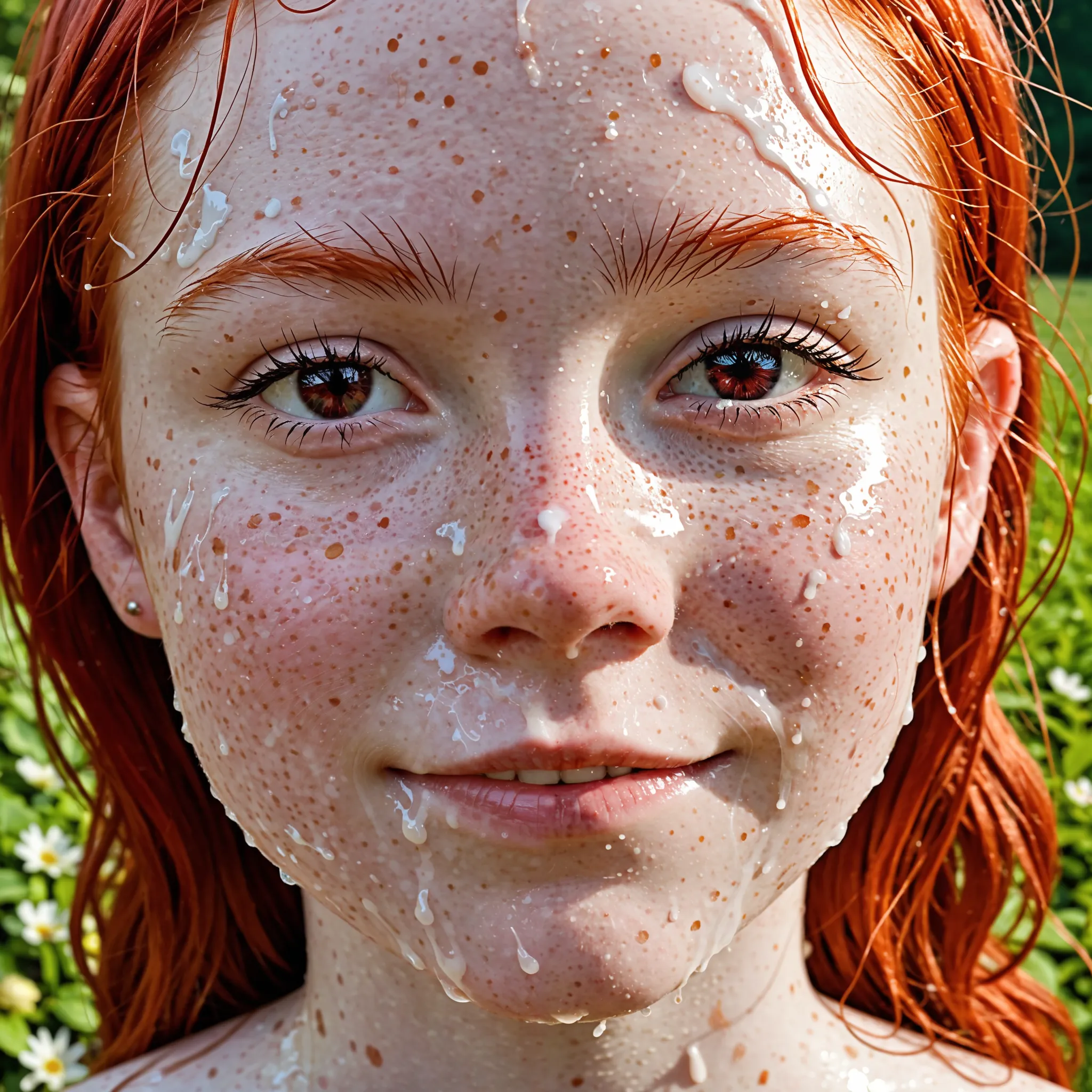 close up of a beautiful redhead's young ager pale and freckled face after a bukkake party with thousando men