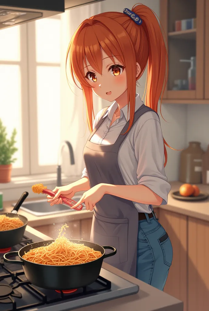 Anime Asuna Yuuki with orange hair and orange eyes she wears a white blouse blue jeans pants and a household apron she cooks spaghetti 