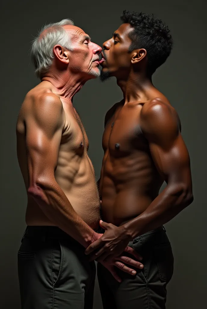 The old short uncle bites the throat of the tall and handsome boy with a thick throat and a prominent Adam's apple, who leans his head back and is dark-skinned. He bites too much and takes it into his mouth. The boy's throat is in the old uncle's mouth. Th...