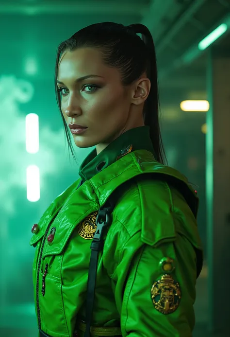 Here is a detailed prompt to generate an image **super realistic** de Sarah Jessica Parker como **Sonya Blade**, focused on **upper body**, in a brilliant green military uniform and striking details, e um Bottom marcante: --- **"Hyper-realistic Close-up by...