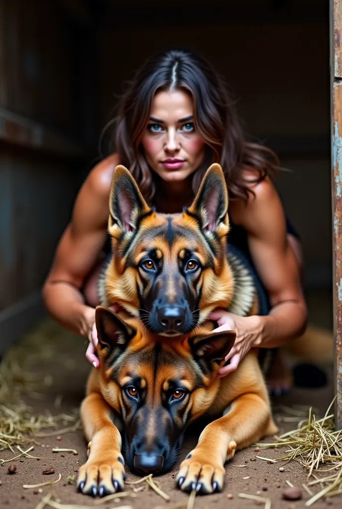 2 brunette on her hands and knees in a barn, there is a german shepherd mounted on top of the brunette and is fucking the brunette, the brunette has an orgasm expression on her face, front pov, doggystyle