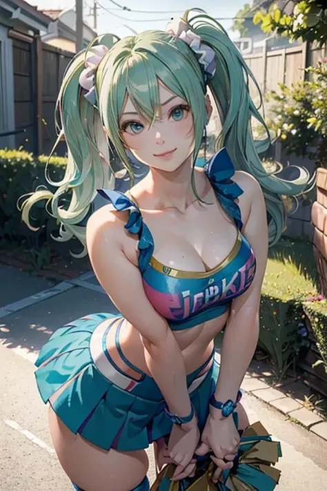 Super detailed, NSFW, masterpiece, High resolution, Photorealistic digital art, perfect lighting, (((1 girl, perfect anatomy))), accurate right hand, accurate left hand, five fingers, perfect style, shy smile, (hatsune miku,) 3d face, big light blue-green ...