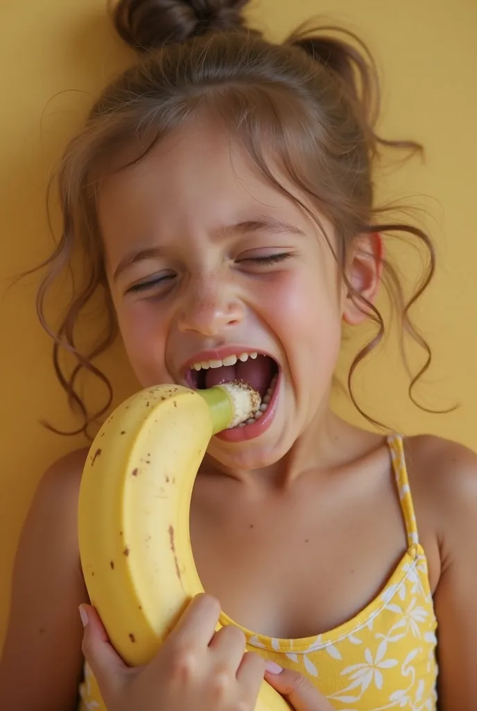 young girl enjoys a banana deep down their throat, cute, realistic, big cute cleavage, joyful