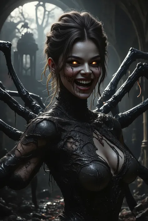 female arachnid spider monster girl, fangs, horror, terrifying, half woman half giant spider, evil lair, terror, godrays