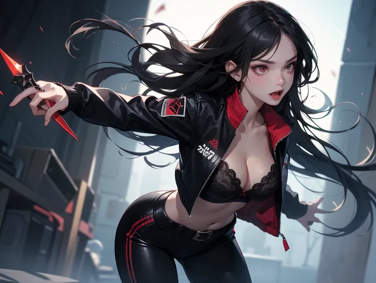 A vampire girl, assassin, long black hair, red eyes, 2 long fangs, large breasts, shapely butt, athletic body, sportive. Looks serious, very attractive. Wears black bra, black cropped half zipped jacket, no shirt, long black tight pants with a belt. Holds ...