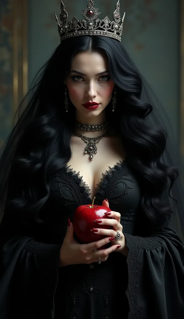 girl,black long hair，Black Queen ， accessories ， Apple in Hand ，Poison Apple， Witch Queen ，Red lipstick