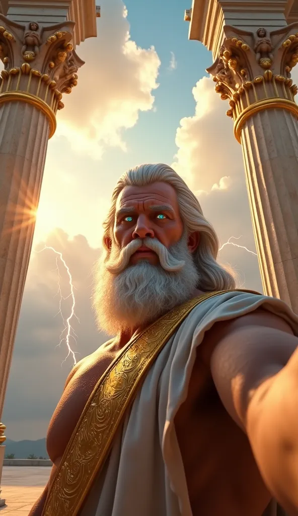 selfie angle of Zeus, the mighty ruler of Olympus, taking a powerful selfie in the grand halls of the heavens. His presence is commanding, with an intense gaze from his glowing blue eyes, exuding divine authority and power. His face is rugged and noble, fr...