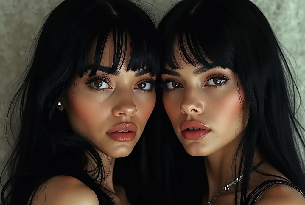 An Award-Winning Masterpiece, (photo realistic) photograph, vogue, mid-modern luxury, very detailed, cover photo, Realistic, two 2 black haired stunning Latina goddesses women faces, detail shot, profound gaze, photo realistic, background black --ar 1:2 ((...