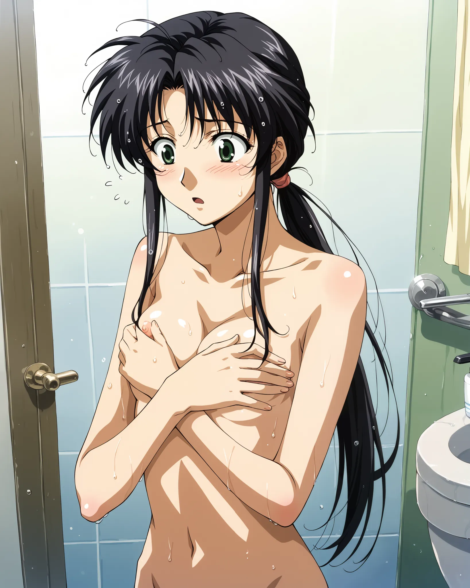 tachibana_yumi, one girl, Alone, (cowboy shot),  black hair, long hair,  green eyes, low ponytail, bungs, side lock, 1990s (style), small breasts, small nipples, cleavage, ( completely naked), (surprised:1.1), (covering breast), (shy:1.1), (wet:1.2), (お風呂場...