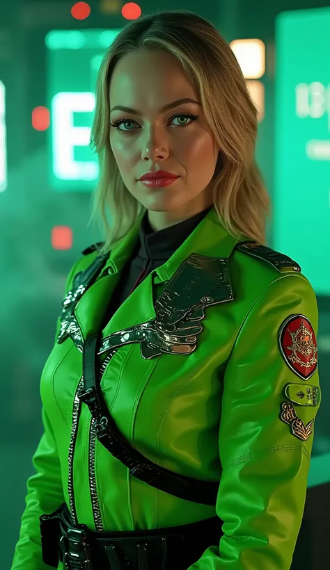 Here is a detailed prompt to generate an image **super realistic** de Sarah Jessica Parker como **Sonya Blade**, focused on **upper body**, in a brilliant green military uniform and striking details, e um Bottom marcante: --- **"Hyper-realistic Close-up by...