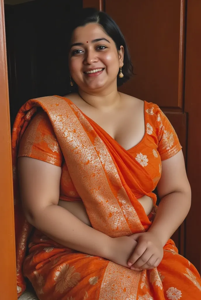 an Indian girl sitting on staircase, Chubby face, thick arms, (wearing strapless off Shoulder sleeveless Salvar)++, Salwar, (strapless, bare arms, bare shoulders:8), short hair, navel, highly detailed face, detailed skin texture, curvy hourglass figure, bu...