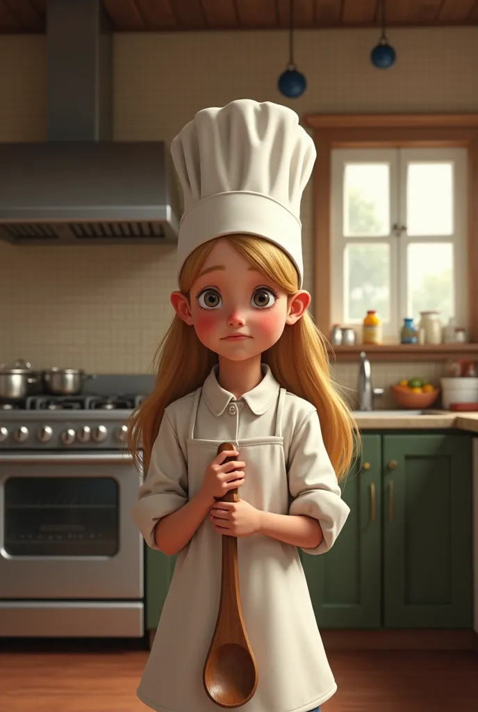 A girl between 6 and , with long blond hair with white skin dressed as a chef holding a spoon is in the kitchen and with a sad expression on her face