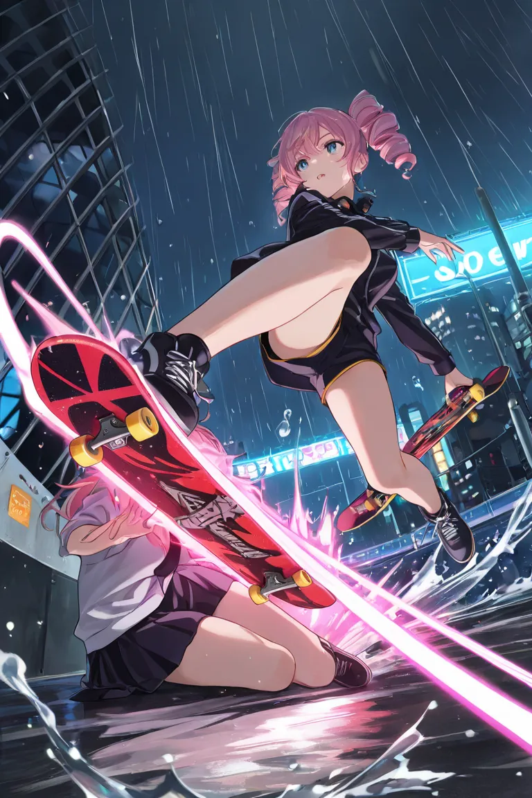 (masterpiece , best quality:1.2) , Over the Tokyo highway、Flying Magic Skateboard、hot skateboarding confrontation between two girls、 Rainy Tokyo (highway),splashes 、Water Drop:1.5, speedline,Super cool images,background blur on bed,Lighting,, Pink Haired G...