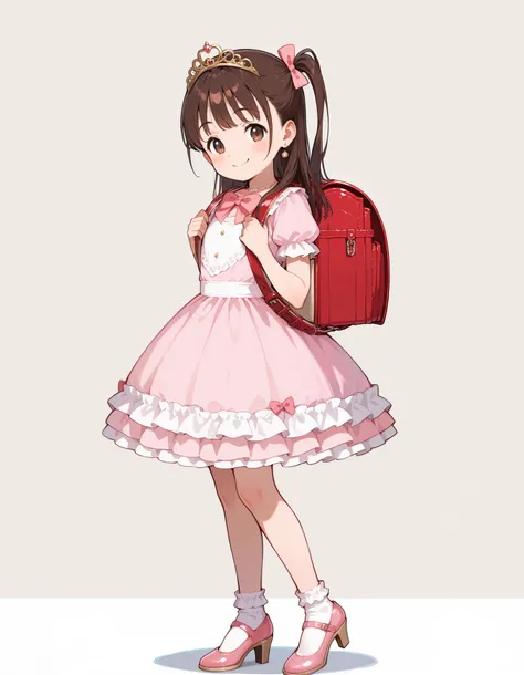 Hd, (littlegirl:1.2) (slender body) (thin body), smile, happy, masterpiece, best quality, highres,2d, anime, 1girl, long hair, one side up, solo, ponytail, brown hair, long hair, hair ribbon, brown eyes, cowboy shot,princess dress, princess Costume, color...