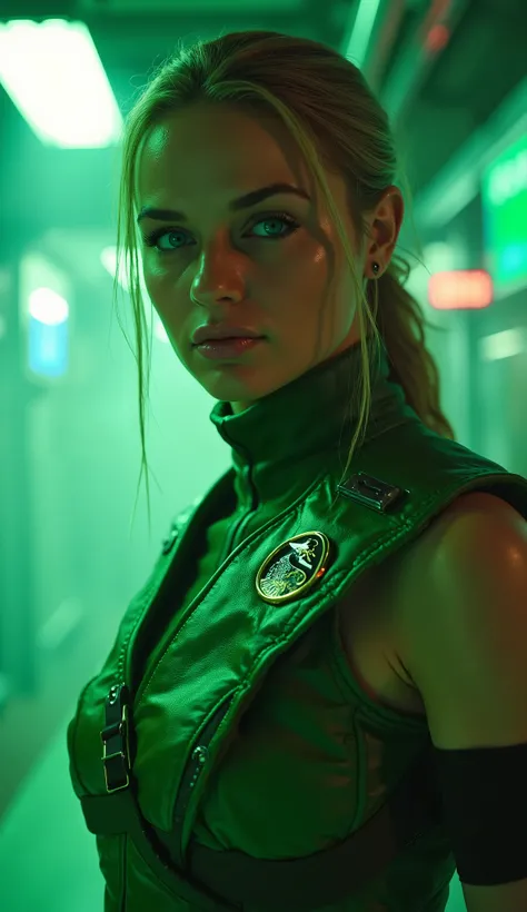 Here is a detailed prompt to generate an image **super realistic** de Sarah Jessica Parker como **Sonya Blade**, focused on **upper body**, in a brilliant green military uniform and striking details, e um Bottom marcante: --- **"Hyper-realistic Close-up by...