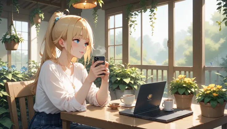 "A peaceful home garden setting with a stylish wooden pergola covered in vines and flowers. A woman sits comfortably at a table, looking at her laptop while sipping coffee. Her smartphone lies nearby. Birds are chirping, and the sunlight filters through th...