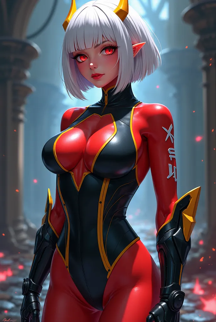 1 anime girl, short white hair Bob style,(red skin),(dark semi-revealing full armor with yellow edges),shiny white runes on forearms, eyes color red shiny,small yellow horns, black metal gloves,2D style,(hunter eyes)