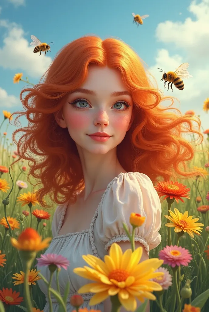 redhead woman, flowers, spring, bee, blue sky avatar size