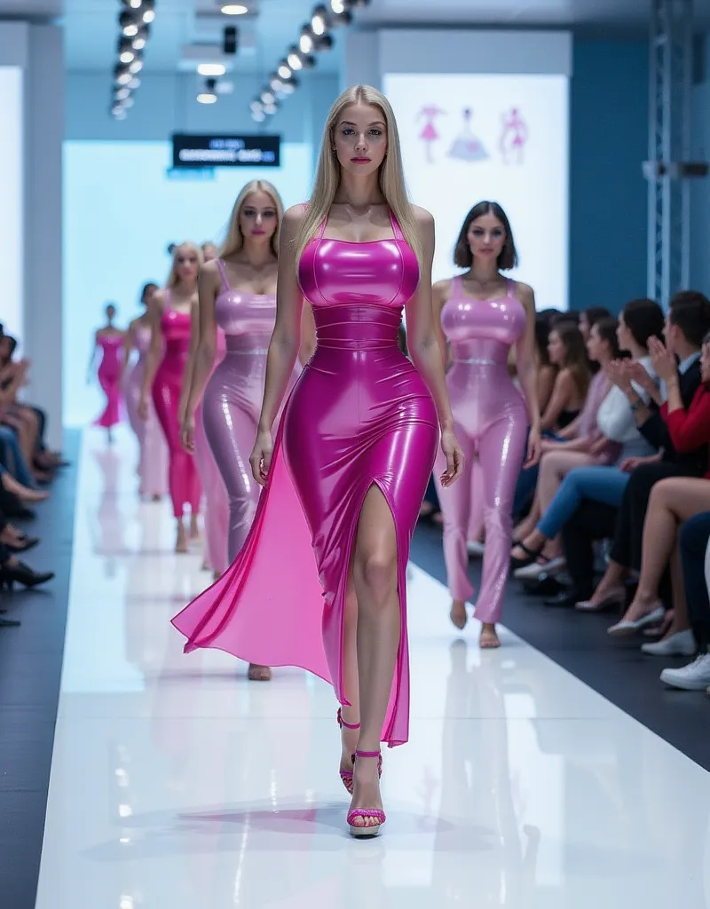 ager 13  years old, a group of young blonde girls with short blond hair, exaggerated hourglass figures, squeezed into glossy pink latex bodysuits, 

The girls, still dressed in pink latex, parade down a catwalk that seems suspended in air, under cold neon ...