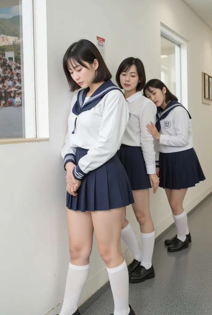 Three Japanese female students line up by the wall in the hallway outside the classroom、 placed on the right side of the image，Being made to stand in the hallway as punishment for violation of dress、Height: 170cm、 black hair、 midium hair、 white long sleeve...