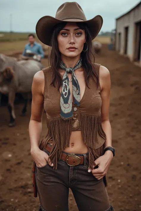portrait of beautiful woman in muddy farm:1.2 , cowboy hat, fringed waistcoat , trousers, scarf , confidence , medium breast,