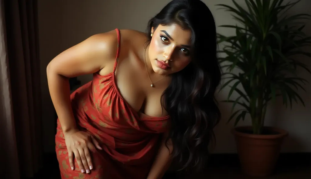 "A 22-year-old Indian woman with big breasts and big round hips, wearing a vibrant Indian dress, bends forward seductively with a captivating look during an indoor photoshoot. She poses in front of a wall, her body angled sensually, with a potted plant to ...