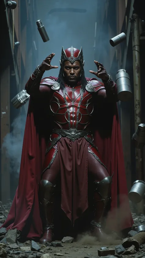 A cinematic close-up scene from a Magneto film, featuring a powerful and stylish reinterpretation of Magneto, portrayed by Kendrick Lamar. He is levitating above the ground, his hands raised as he telekinetically moves metallic objects around him with his ...