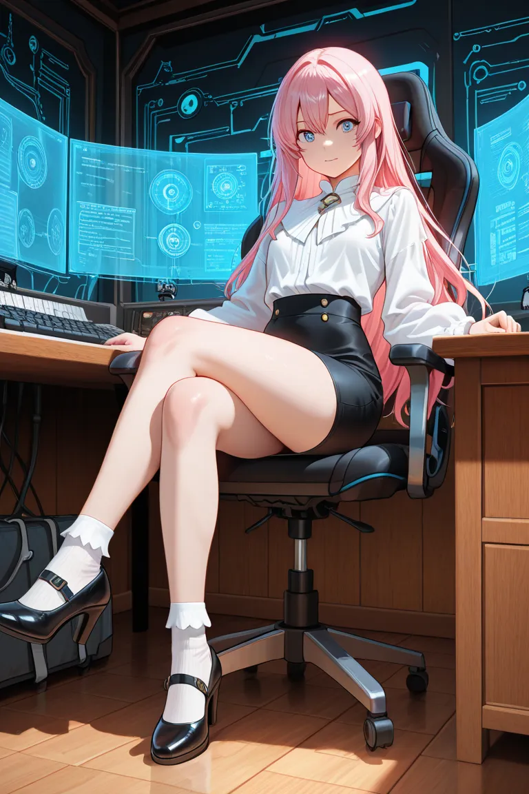  An 18-year-old young woman, with silky pink hair and penetrating eyes, is leaning softly on a refined wooden table in an elegantly decorated bedroom, filled with advanced technological equipment. Her sharp eye conveys a mix of shyness and absolute confide...