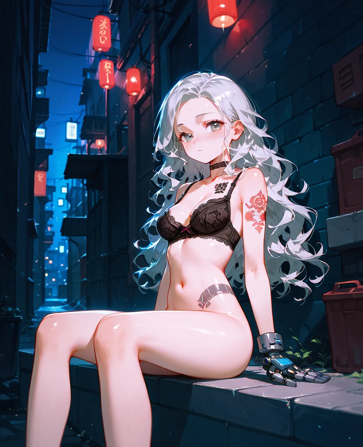 silver hair with the same background, rich hair that makes your neck sluggish,  Japanese style virgin hairstyle, Forehead exposure, thick thighs, blush, sitting with his knees extended with a shy expression, wavy hair , night, alley,  high collar , ((naked...