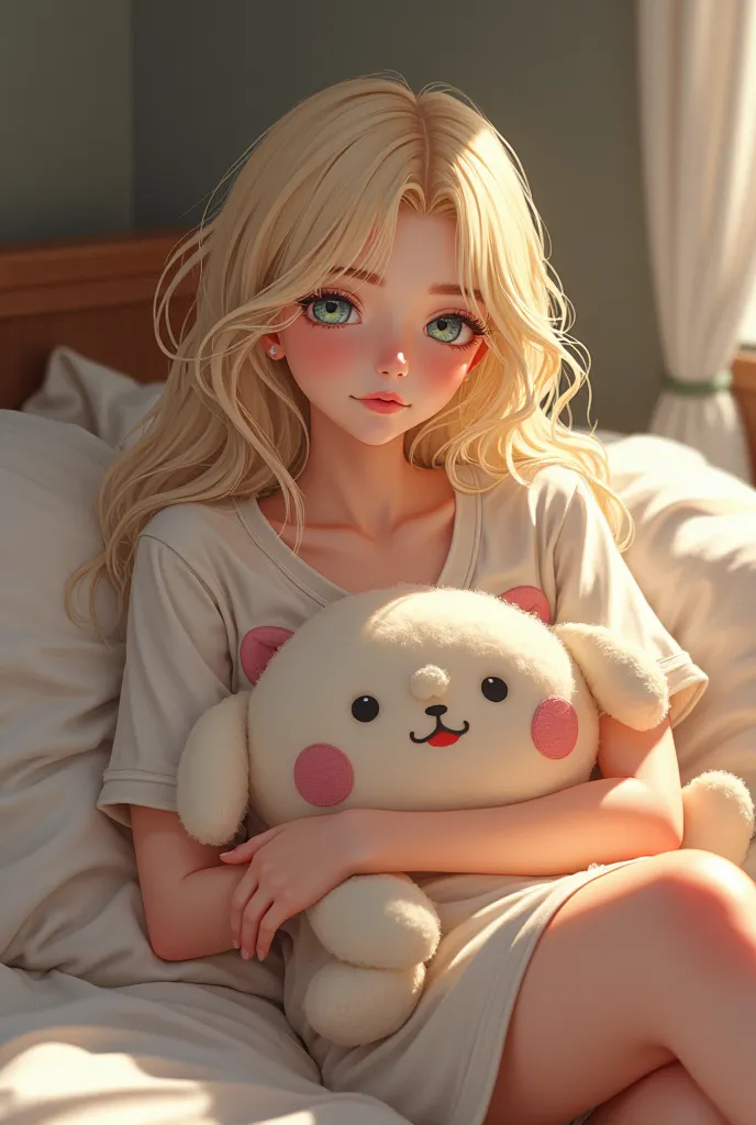 A bleach blonde girl holding a plushie in comfy clothes