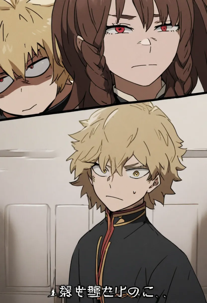 My Hero Academia screenshot of a brown-haired anime girl with two braids and golden eyes wearing a black coat next to a red-eyed blond boy with an arrogant expression wearing a black coat
