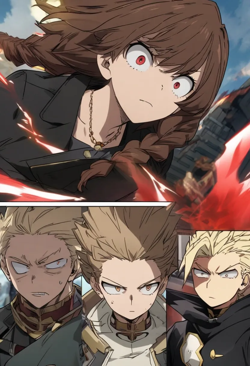 My Hero Academia screenshot of a brown-haired anime girl with two braids and golden eyes wearing a black coat next to a red-eyed blond boy with an arrogant expression wearing a black coat
