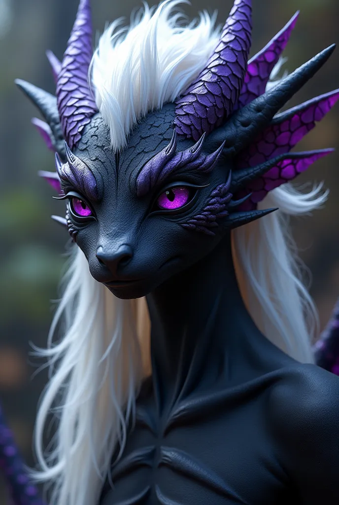 A black-skinned half-dragon, Eyes with purple irises , straight white hair and purple scales with black.
