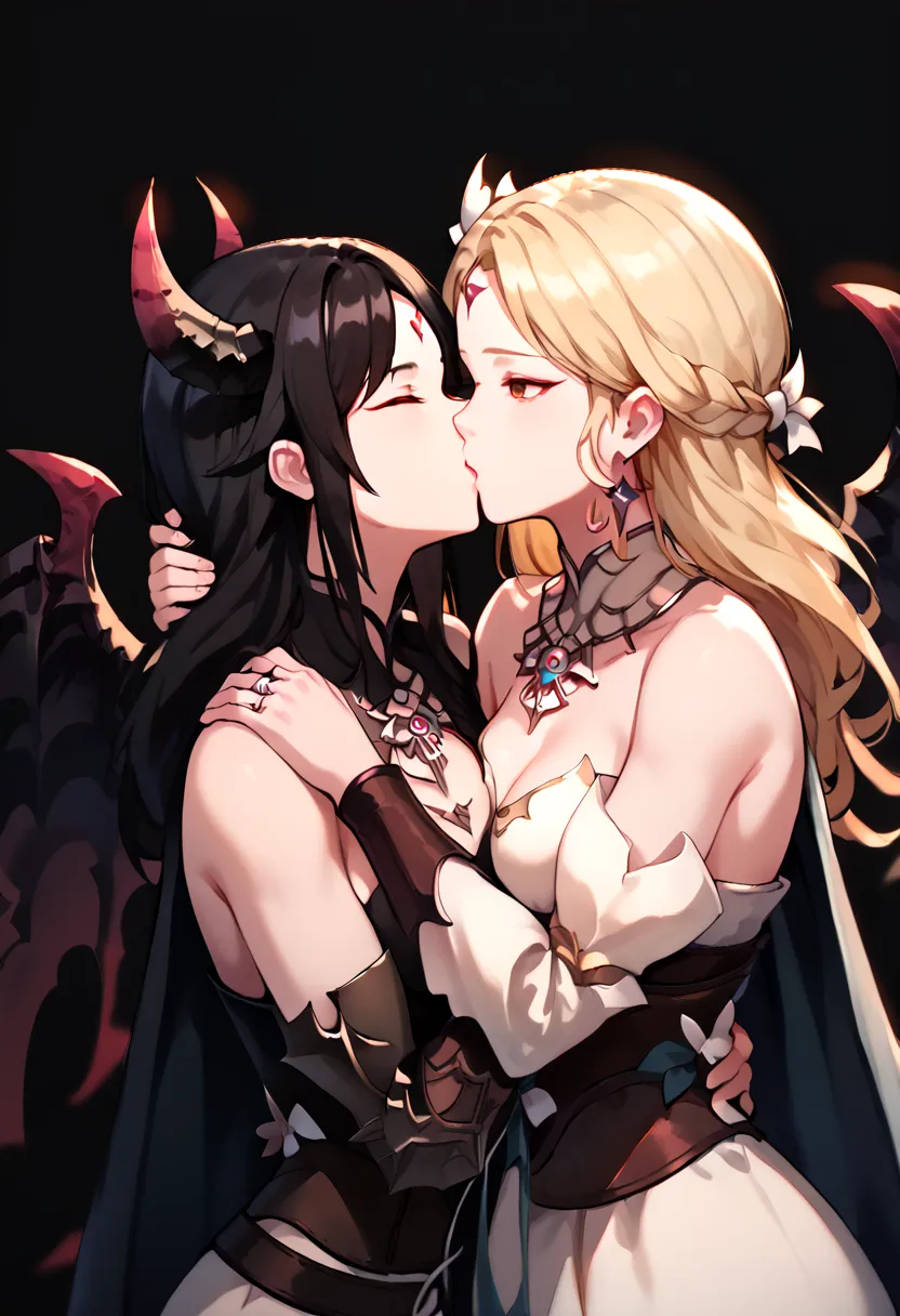 (score_9,score_8_up,score_7_up),simple background,black background,
BREAK
Vykas-lostark,2girls,demon horns,demon wings,demon girl,medium breast,strapless,blurry background,forehead mark,hugging,open eye,multiple character,kissing,french kissing,side glance...