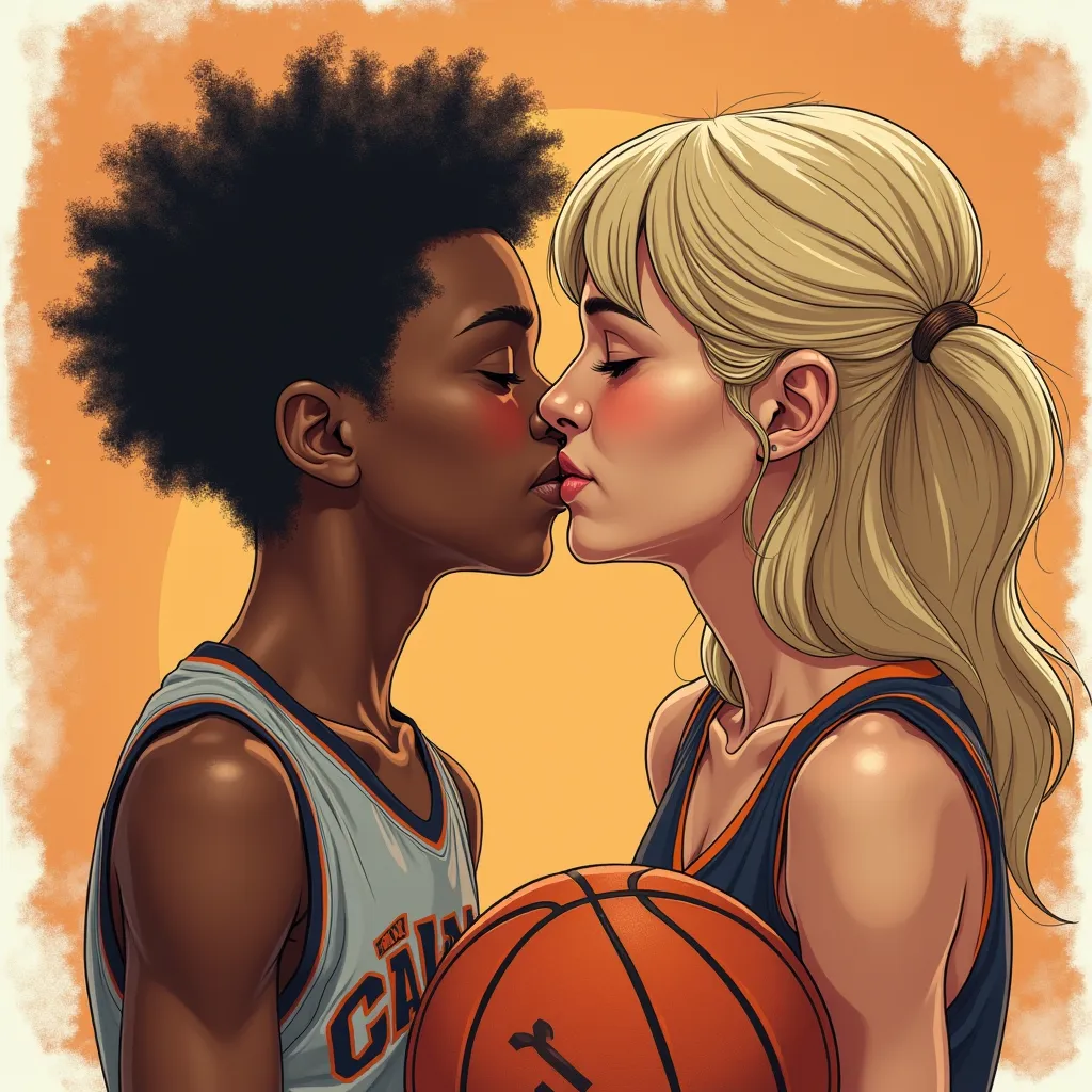  black boy drawing of his team's star basketball team, he is kissing mature blonde MILF mother they get caught by the basketball kisscam . They kiss in the middle of the stadium. is his son's black friend, He is a lot younger, Almost a boy