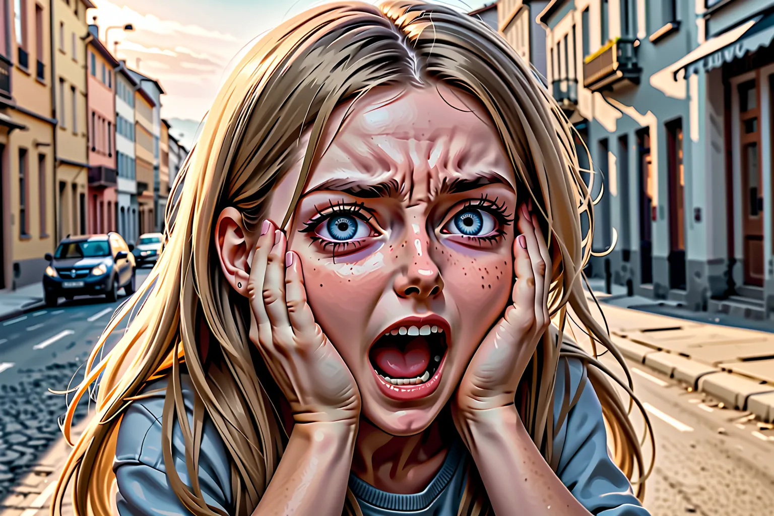 (pretty young girl with her hands on her cheeks screaming in fear and despair:1.3), the scream, (hands on cheeks:1.6), (scared eyes:1.3) (masterpiece, top quality, best quality, detailed scenery background, official art, beautiful and aesthetic, extremely ...