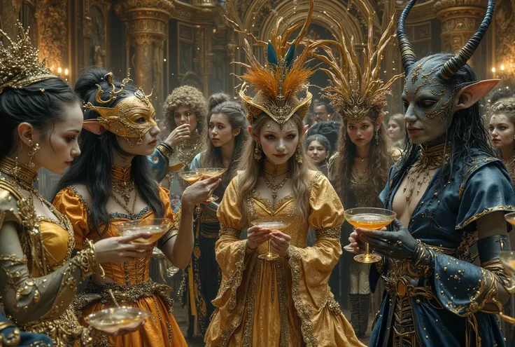Elves and humans dressed up in costumes and makeup by Luis nari Luis Royo, victorian Gothic japan fantasy celtic fantasy, psytrance and Giger, elaborately costumed, exotic Gothic victorian corset Gothic kimono yukata costumes, elaborate Venetian masquerade...