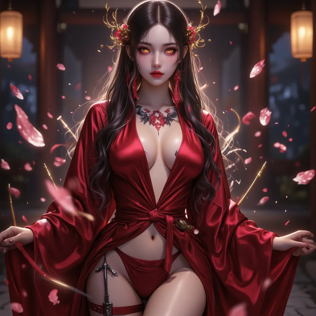 A sensual kunoichi with an alluring yet deadly presence. She wears an ultra-revealing red silk kimono, barely covering her curves, with a deep plunging neckline. The lower part is a loosely wrapped silk fabric, slit open on one side, exposing her long, sed...