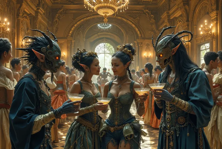 Elves and humans dressed up in costumes and makeup by Luis nari Luis Royo, victorian Gothic japan fantasy celtic fantasy, psytrance and Giger, elaborately costumed, exotic Gothic victorian corset Gothic kimono yukata costumes, elaborate Venetian masquerade...