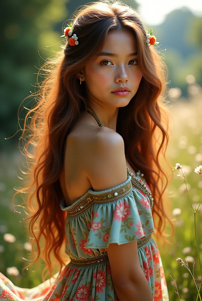 Beautiful girl with long wavy hair, bohemian dress,