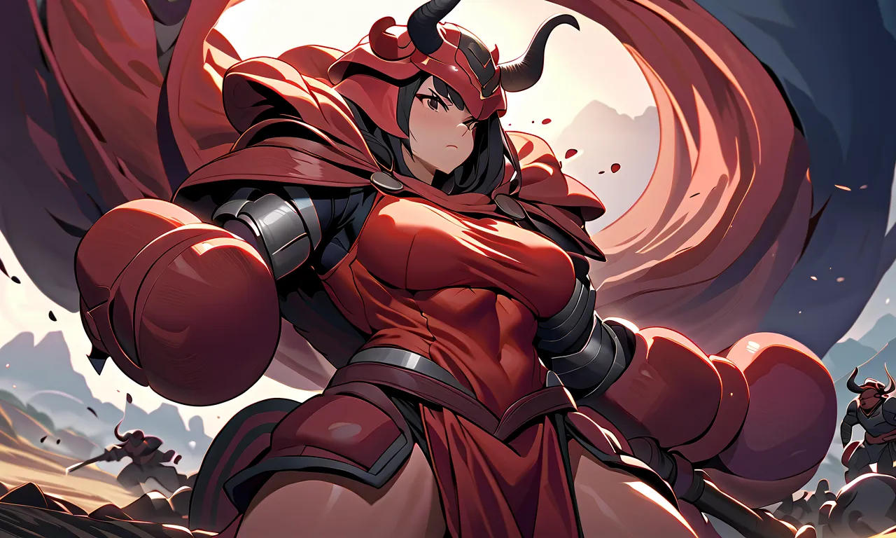 "A muscular and determined ant, wearing a bull helmet with horns. She carries a gigantic load on her shoulders, looking stubborn and focused. The background is a mythological battlefield, giving an epic air to the scene ."