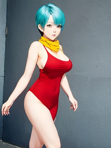  bulma , Dragon Ball Super, Milf 38 years old, short blue hair,  curvilinear, big boobs, big hips and thighs, red dress with neckline, orange scarf around the neck