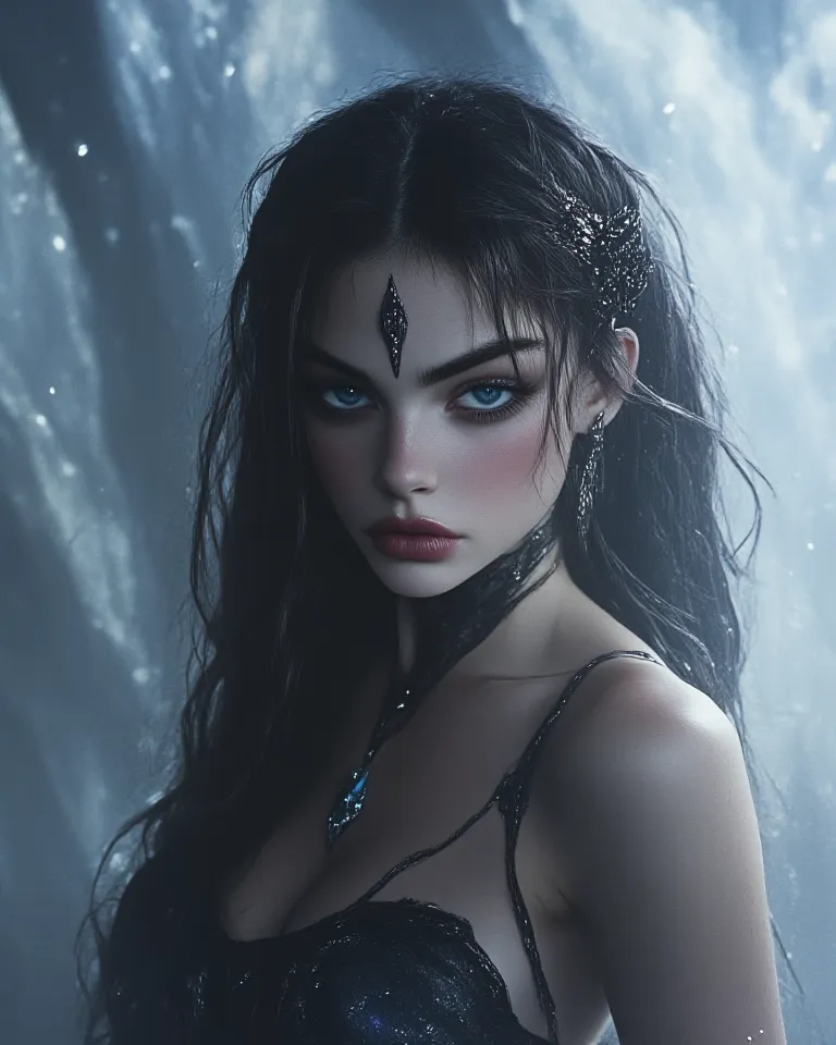 A breathtakingly beautiful woman with long, flowing jet-black hair, strands softly intertwining with the light. Her piercing sapphire-blue eyes hold an intense, defiant gaze, exuding both power and mystery. Her lips are slightly parted, revealing a subtle,...