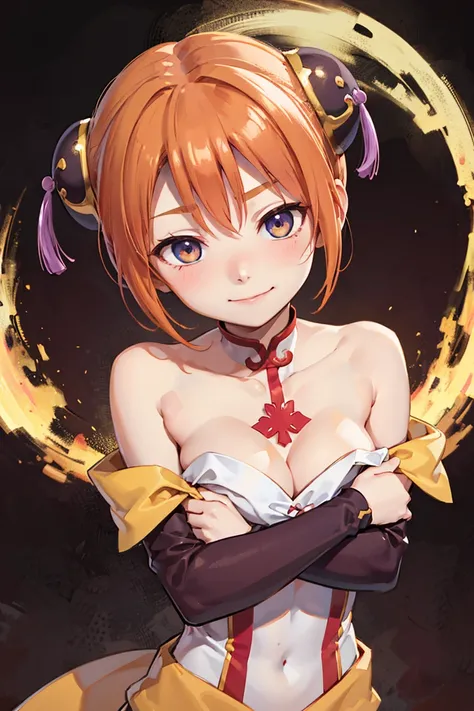 Kagura、orange hair、 Read more、 Slim waist、bun head、flat chest、(blushes)、smile、CHINESE CLOTHES、deep slit、off shoulder、 small cleavage、 is holding her chest with her arms、lean forward、Kamigami、shoot from above