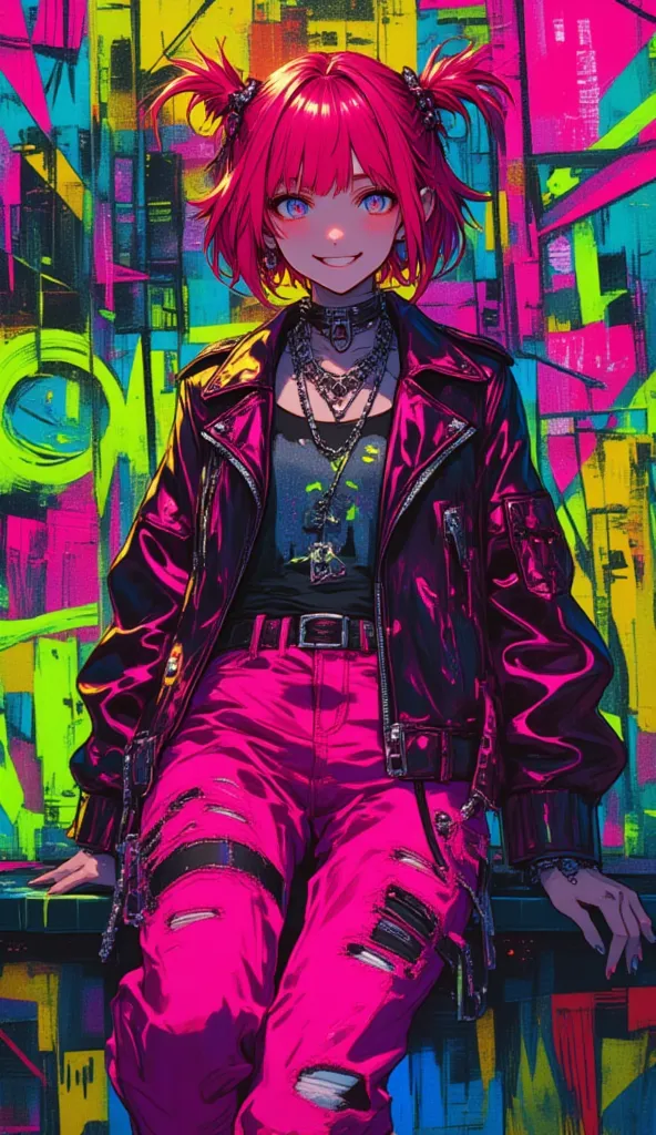 punctuation_9, punctuation_8_arriba, punctuation_7_arriba,  a smiling red-haired girl , Toxic lemon lime hair,full body shot grunge decorates, punk-rock, spiked chain necklace, choker, leather jacket in deep pink, Neon color palette, pointed pigtails, shor...