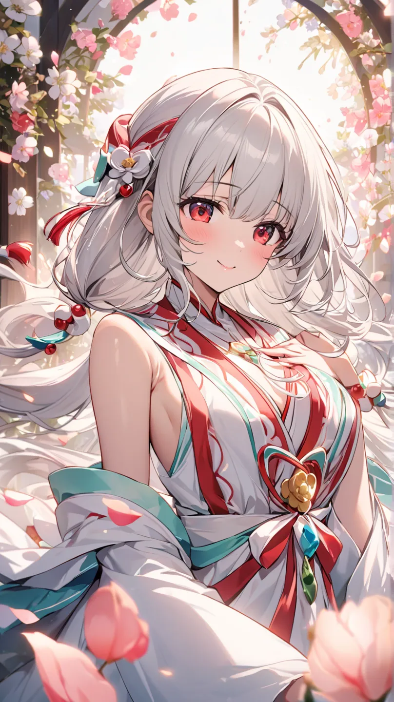 （top quality)、beautiful woman（red eyes）Cute Elements 。beautiful womanの顔、Shy expression、 Silver Hair、Scarlet Eyes、smile（close one eye）、 Superb Woman 、A girl in the form of a cute shrine maiden 、 surrounded by beautiful petals、One person、ほどほどのchest、 Softly D...