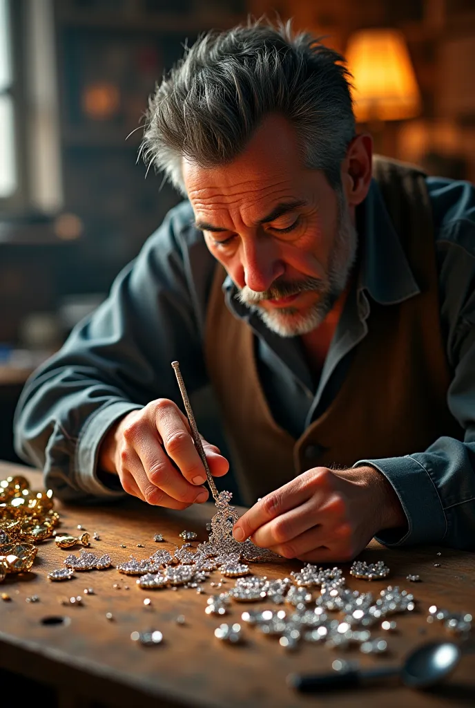 Small man making diamond necklaces